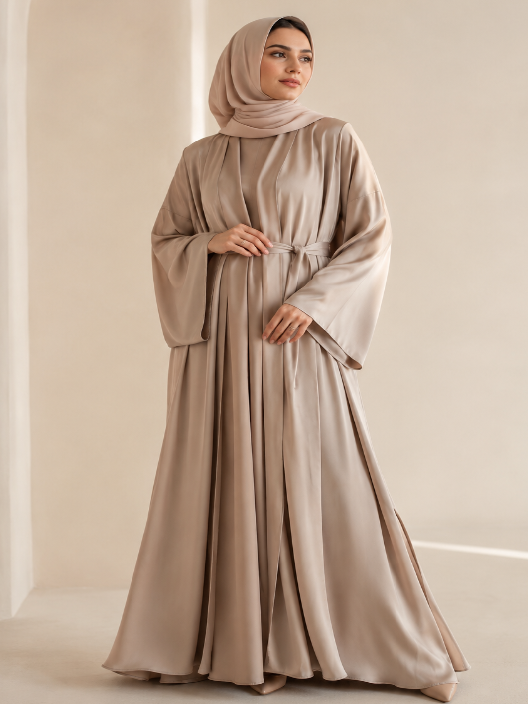 A woman wearing a flowing, long-sleeved abaya in a taupe-beige color with a matching hijab, standing in a minimalist, warm-toned interior setting.

